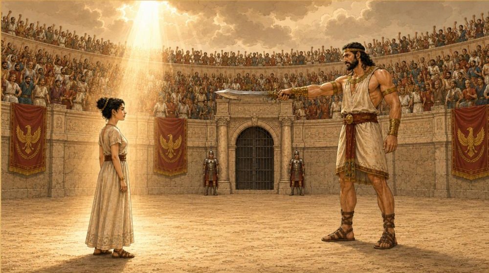 Illustration from My Heritage: Perpetua faces the giant in the arena